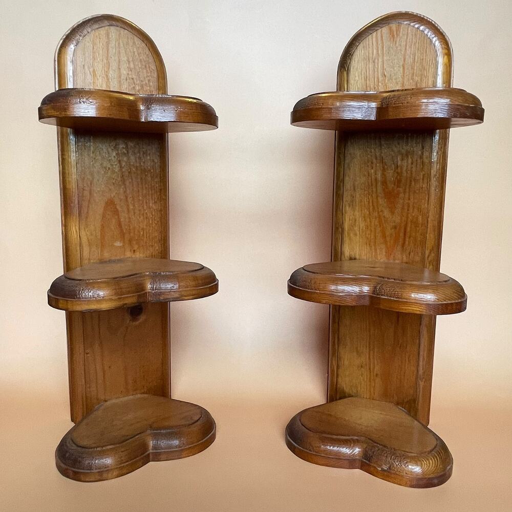 Vintage Pair Wood Heart Wall Shelves 3 Tier Country Cottagecore Display 13"